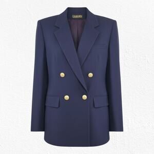 Vintage 80s Navy Wool Double Breasted Blazer Gold Buttons Size 8 Officecore